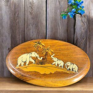 Vintage Hand Carved Wall Hanging Plaque Wood With Elephant Overlay Wood Decor
